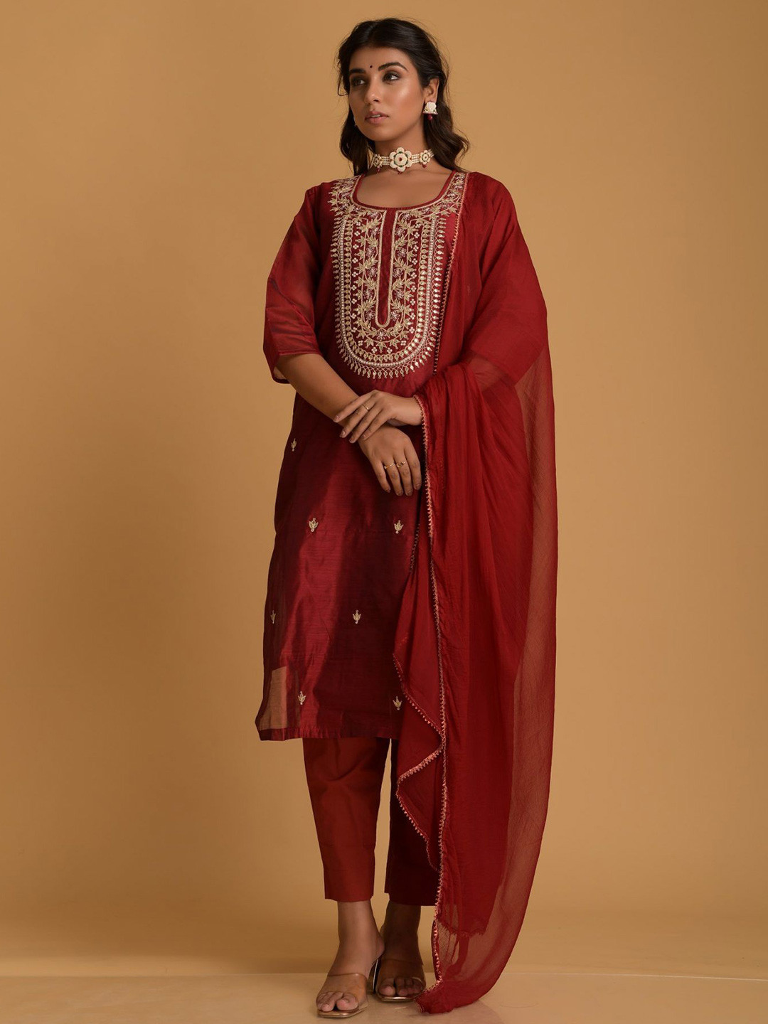

DIMPLE DESIGN STUDIO Ethnic Motifs Embroidered Chanderi Silk Kurta with Pyjamas & Dupatta, Maroon