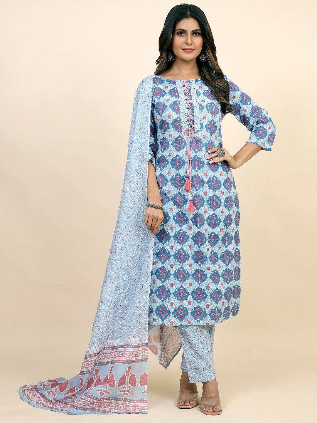 

SARRAS Floral Printed Pure Cotton Straight Kurta With Trousers & Dupatta, Blue