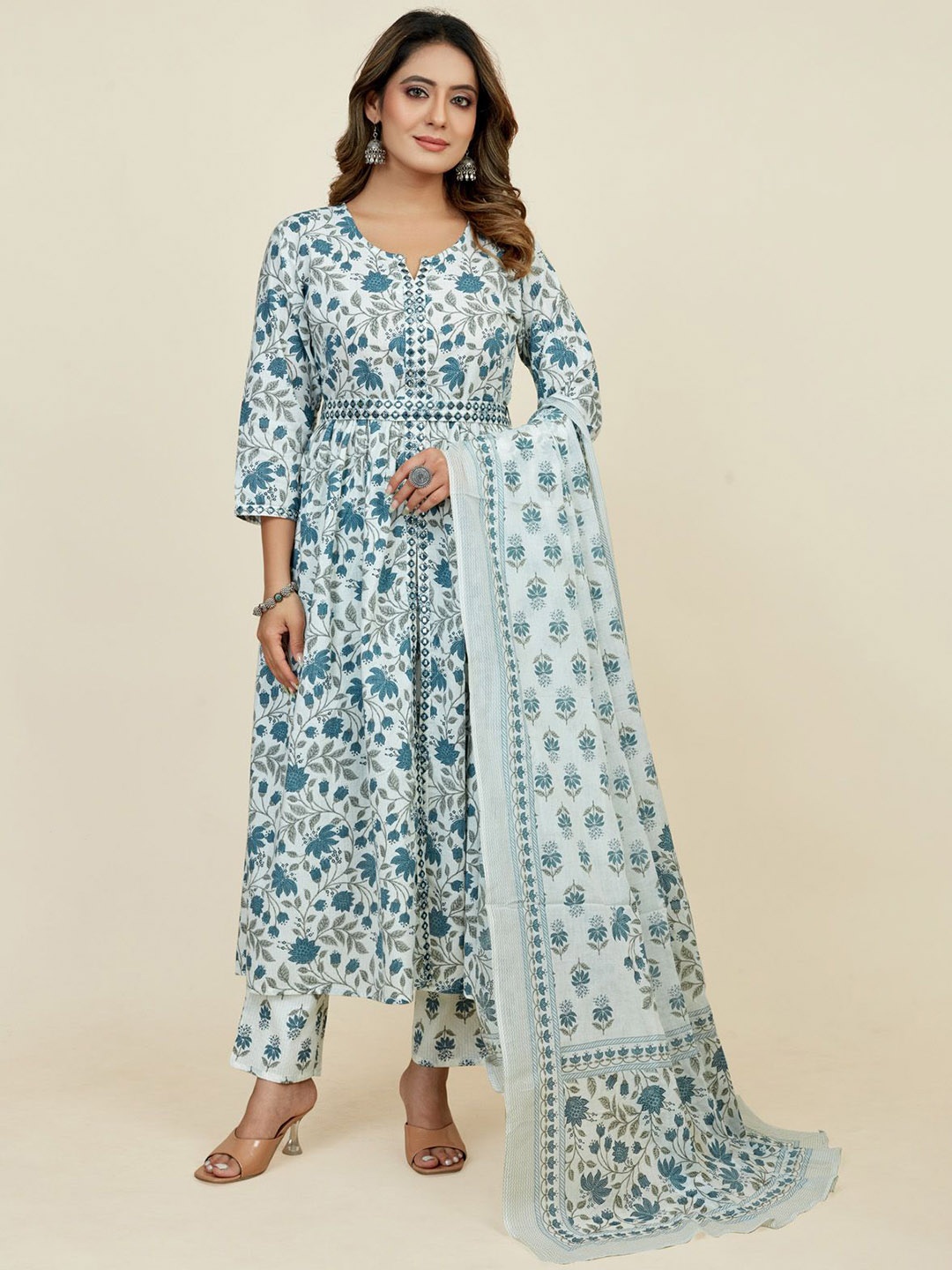 

SARRAS Floral Printed Mirror Work Pure Cotton A-Line Kurta With Trousers & Dupatta, Grey