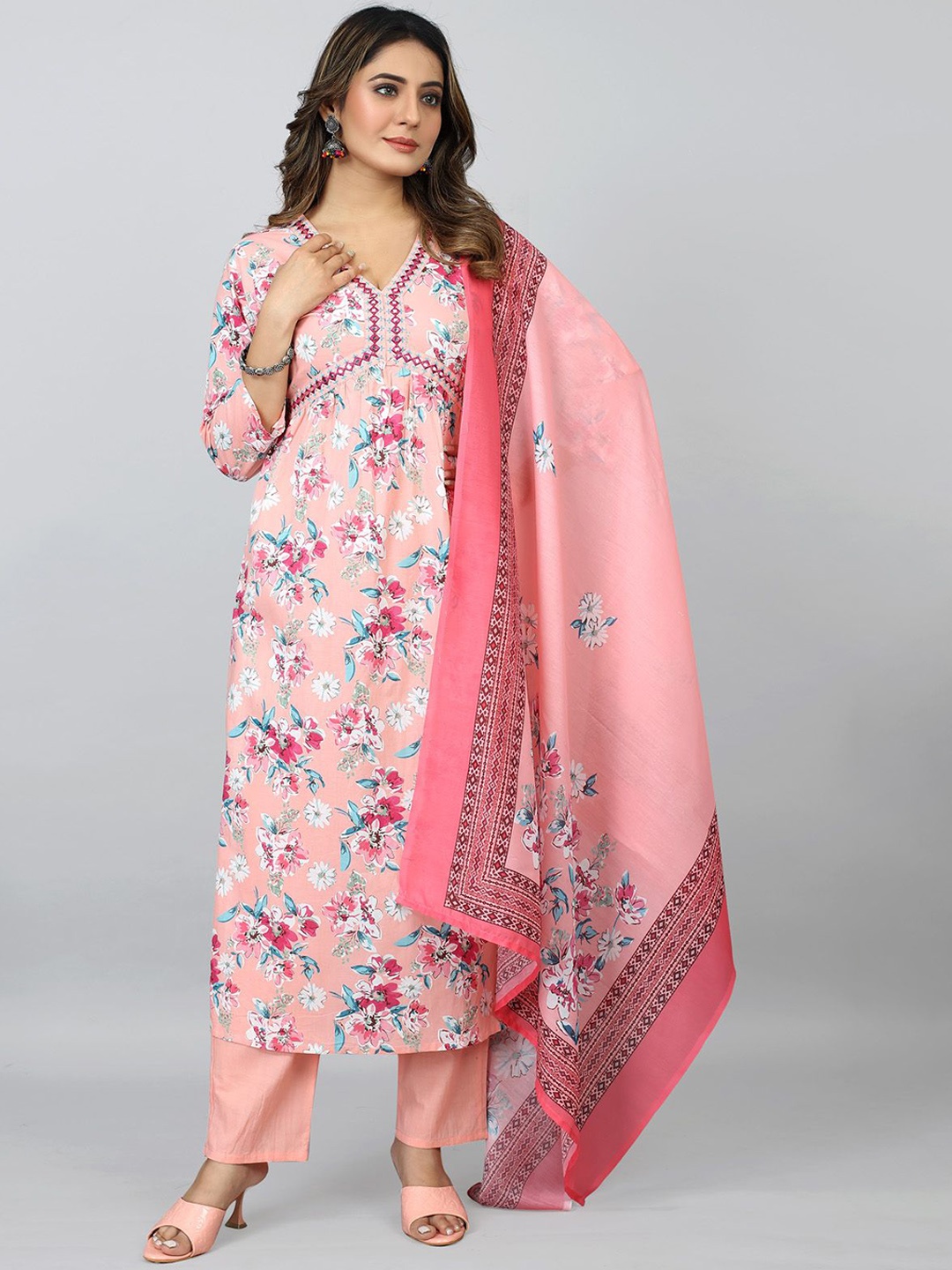 

SARRAS Floral Printed Empire Pure Cotton A-Line Kurta With Trousers & Dupatta, Pink