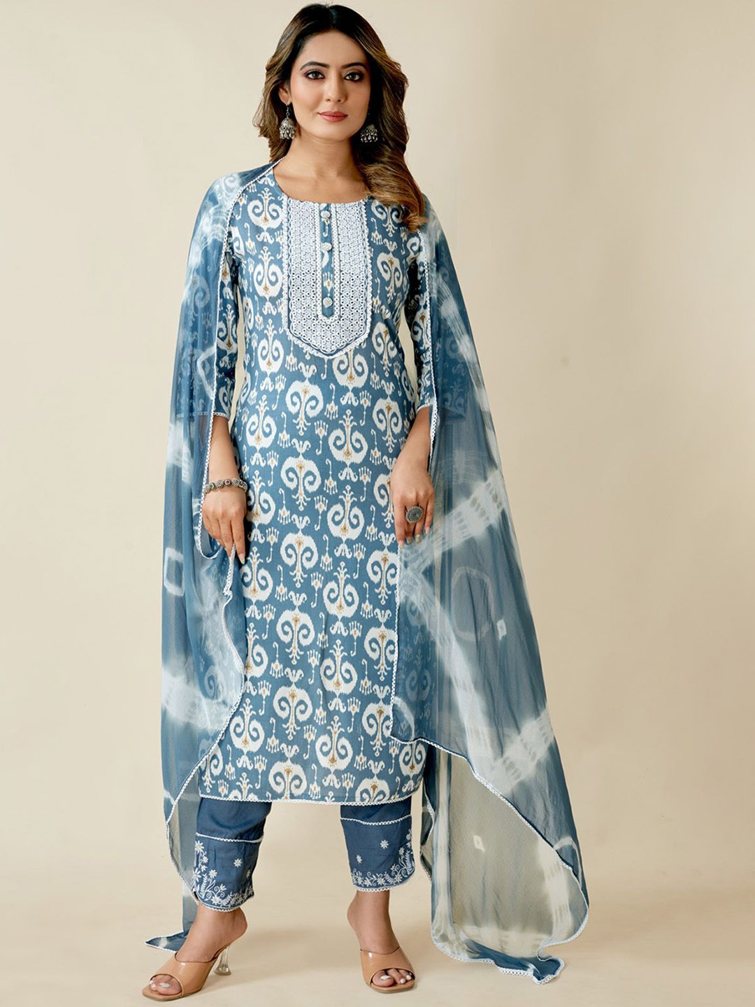 

SARRAS Ethnic Motifs Printed Thread Work Pure Cotton Kurta With Trousers & Dupatta, Blue