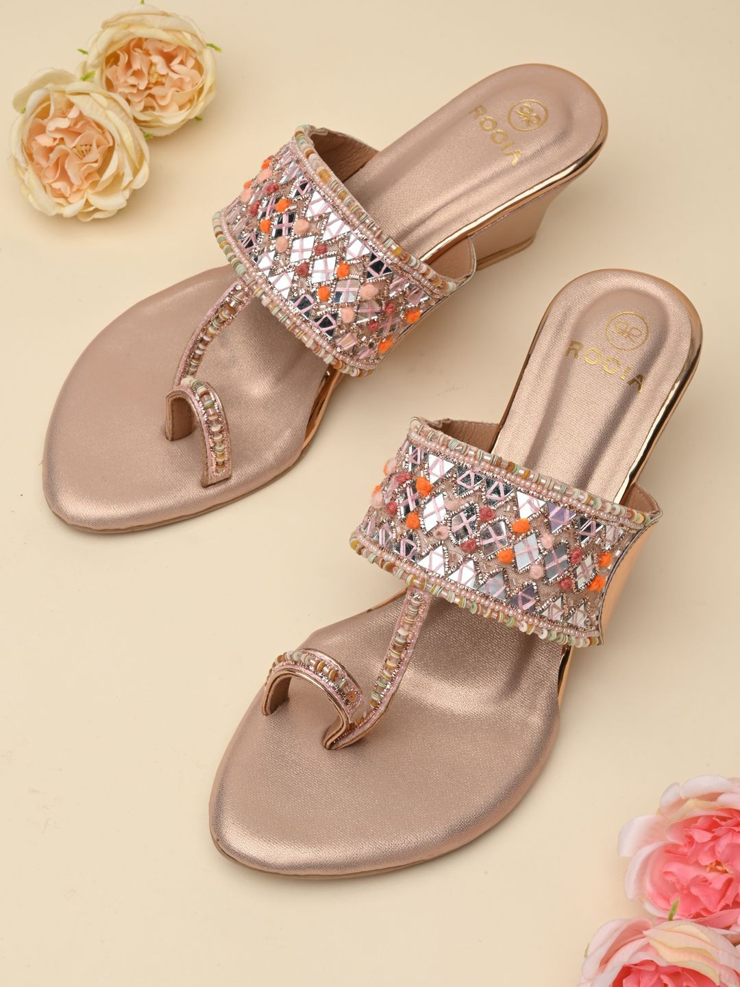 

Rocia Ethnic Wedge Heel Sandals, Rose gold