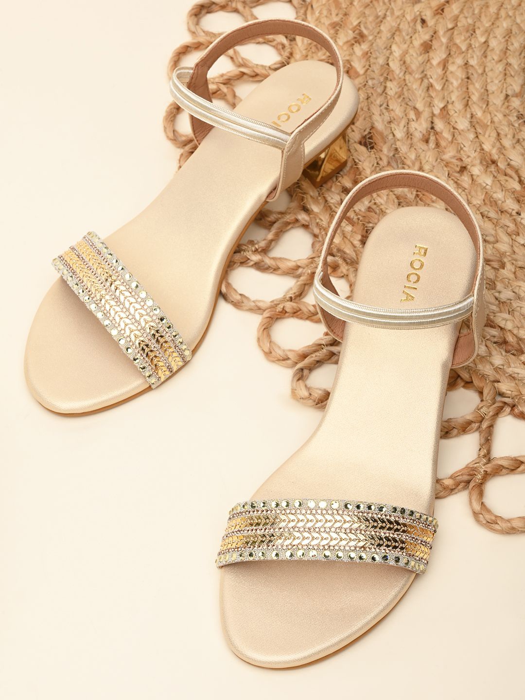

Rocia Women Embellished Block Heel Sandals, Gold