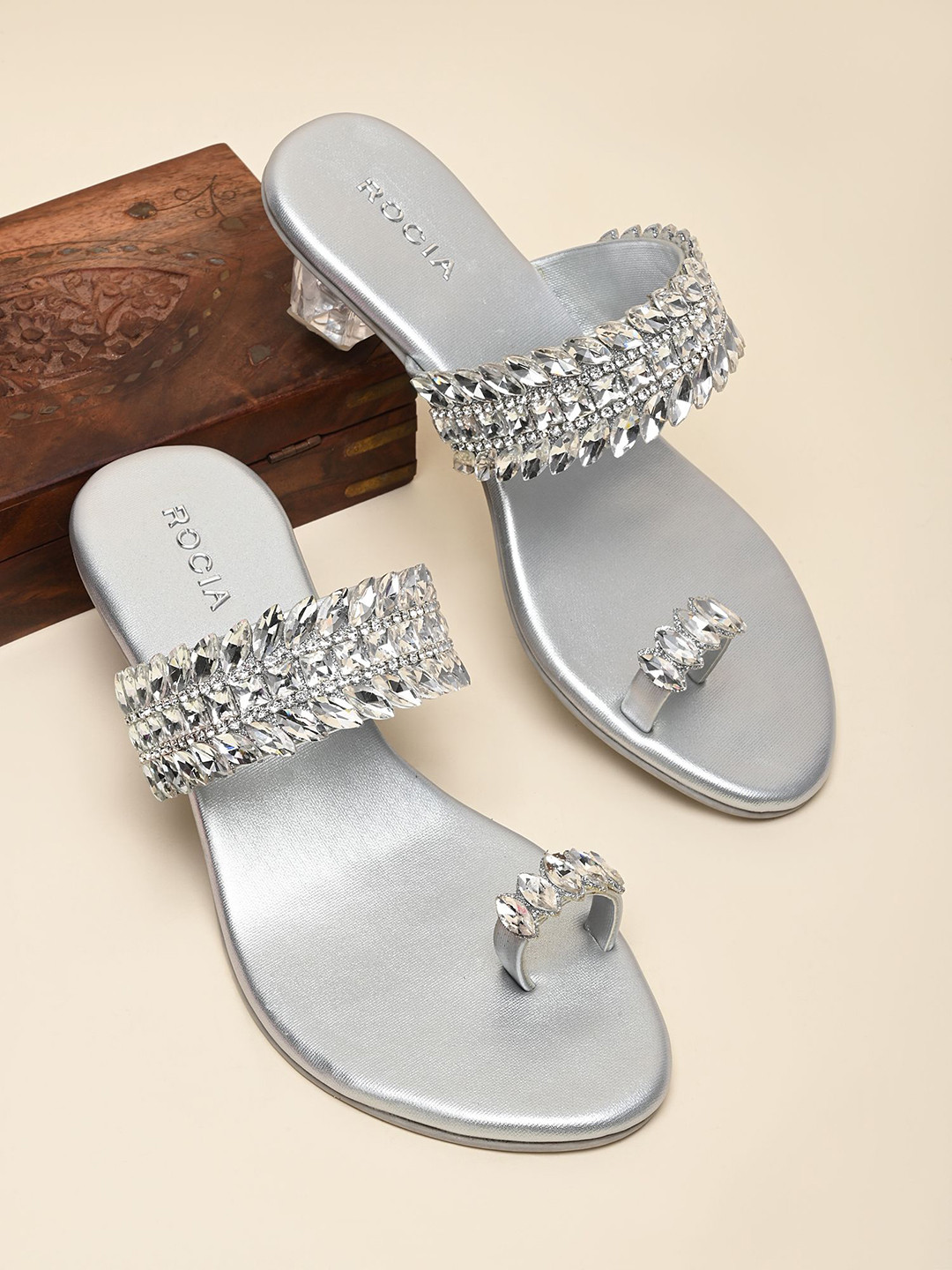 

Rocia Women Embellished Block Heel One Toe Sandals, Silver