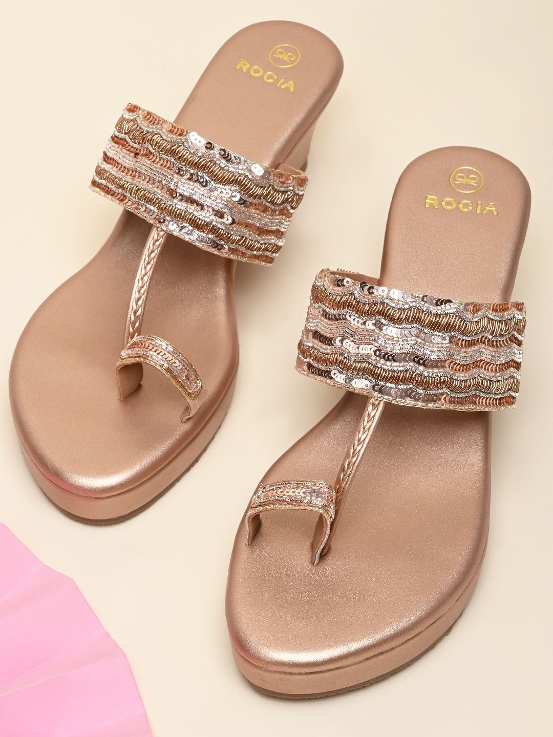 

Rocia Ethnic Embellished One Toe Wedge Heel Sandals, Rose gold