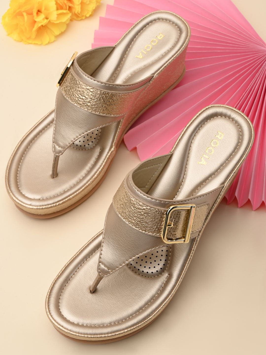 

Rocia Women Open Toe Wedge Sandals With Buckle, Gold