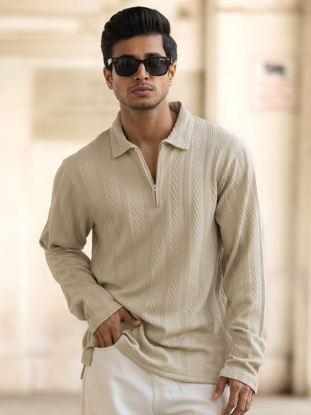

Powerlook Men Self Design Polo Collar Relaxed Fit T-shirt, Beige