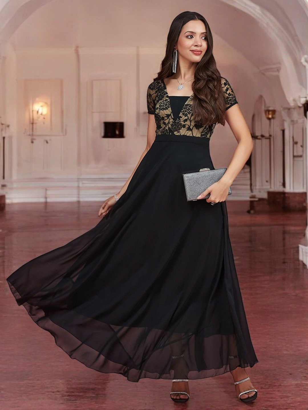 

DressBerry Women Square Neck Maxi Dress, Black