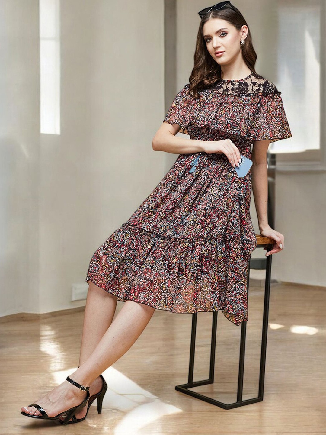 

DressBerry Women Ethnic Motifs Printed Fit and Flare Dress, Black