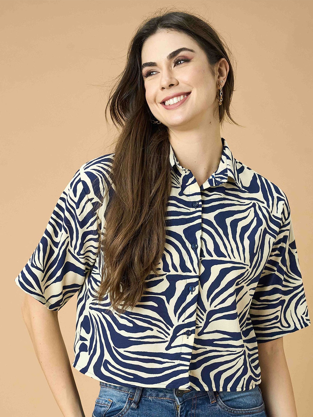 

Fashfun Women Spread Collar Abstract Printed Casual Shirt, White