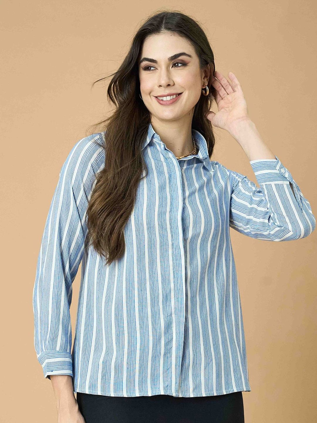 

Fashfun Women Spread Collar Vertical Striped Cotton Casual Shirt, Blue