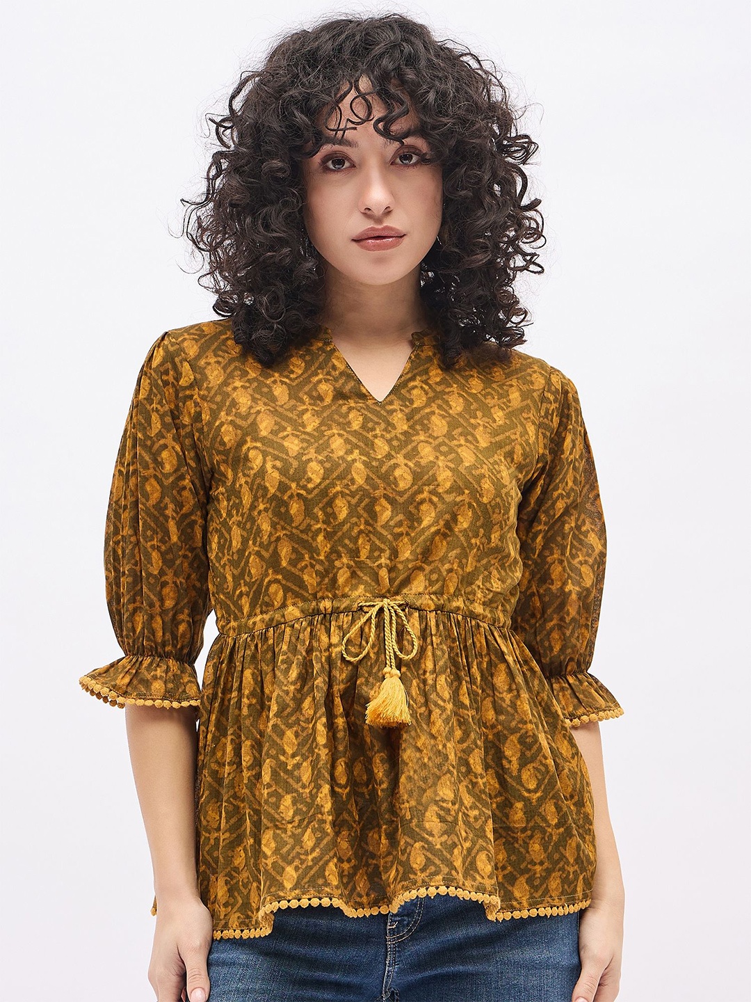 

Deewa Women Print Puff Sleeve Ethnic Peplum Top, Brown