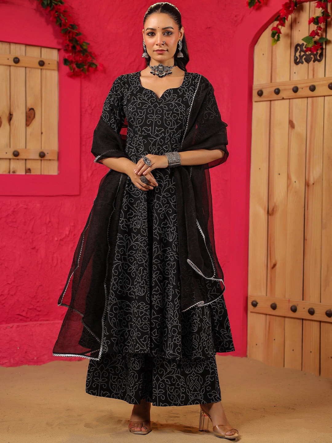 

DIMPLE DESIGN STUDIO Bandhani Printed Pure Cotton Anarkali Kurta With Palazzos & Dupatta, Black
