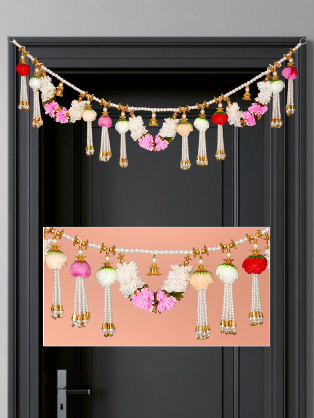

TORNORY White & Pink Floral & Beaded Toran Door Hanging