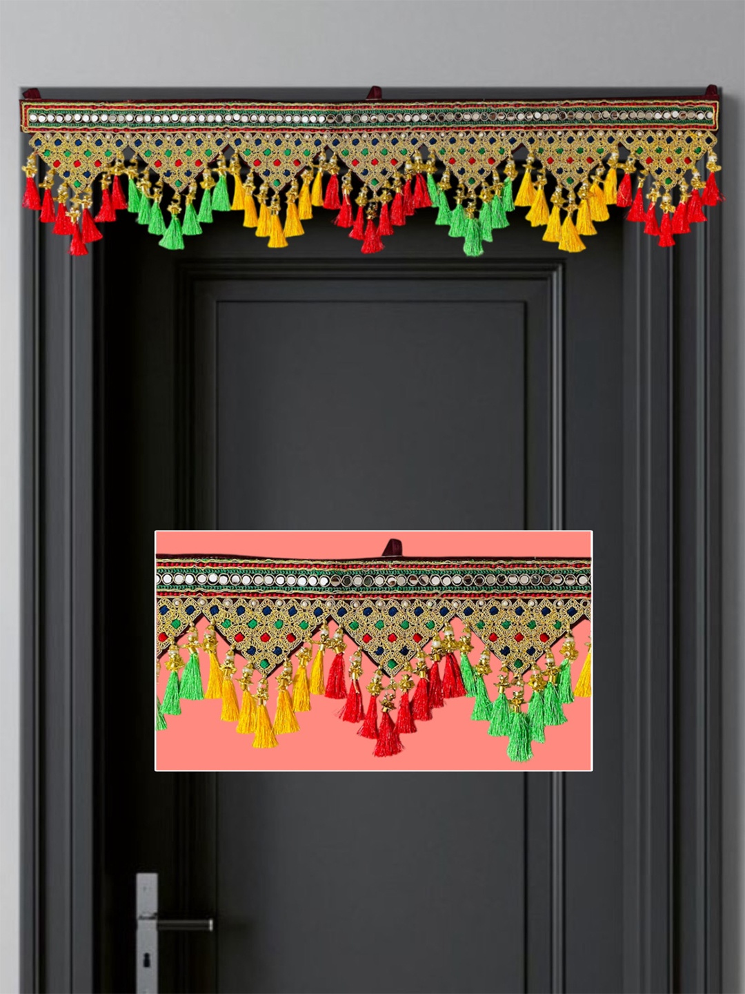 

TORNORY Yellow & Red Tassel & Mirror Work Toran Door Hanging
