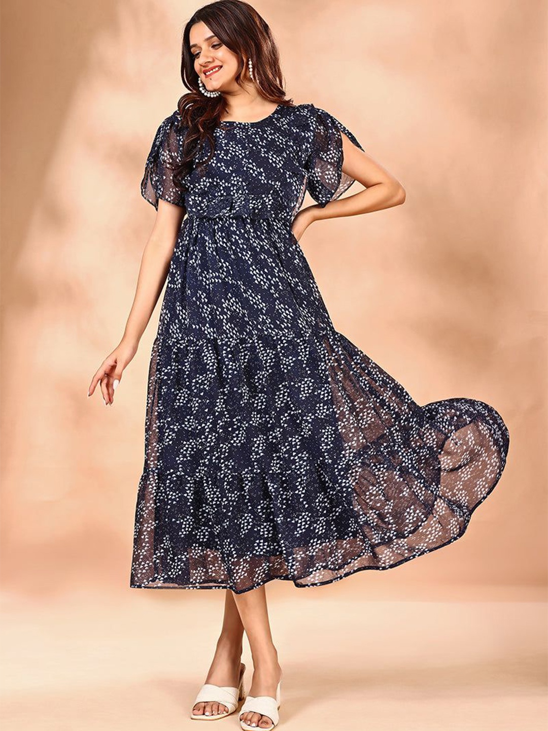 

Raiyani Enterprise Printed Georgette Fit & Flare Midi Dress, Blue