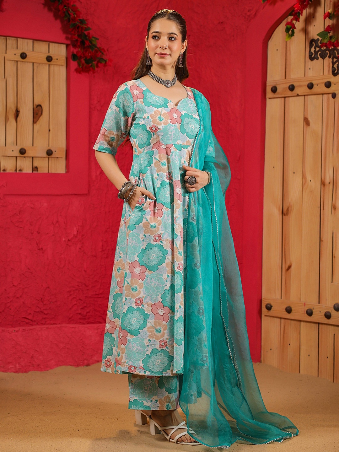 

DIMPLE DESIGN STUDIO Floral Printed Pleated Pure Cotton Kurta with Palazzos & Dupatta, Turquoise blue