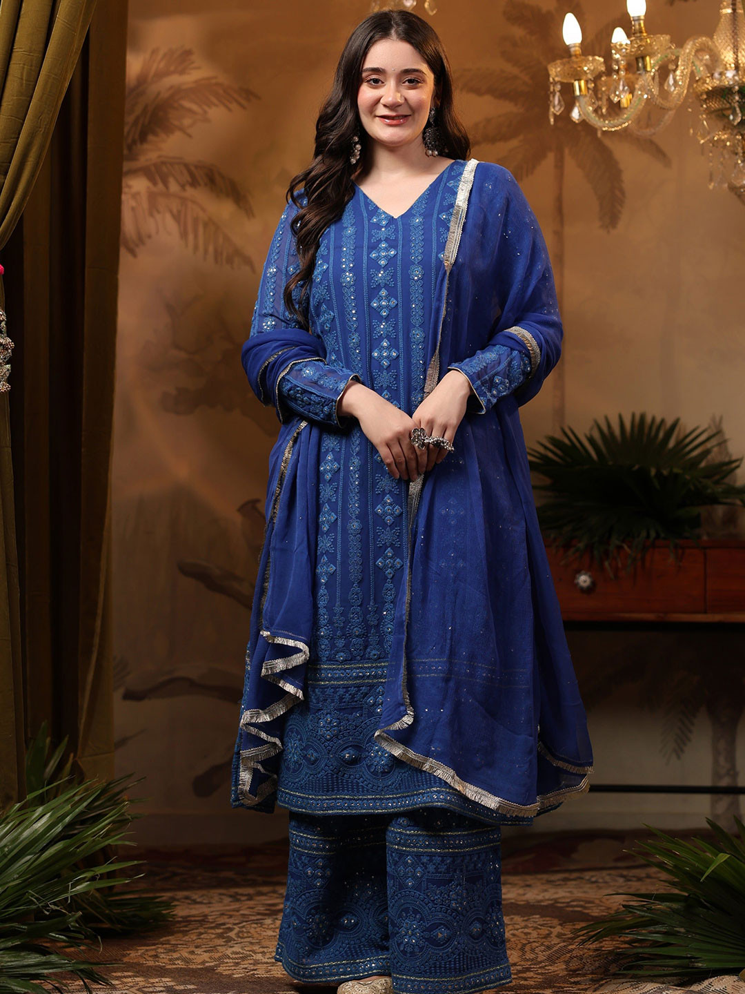 

DIMPLE DESIGN STUDIO Ethnic Motifs Embroidered Regular Kurta with Palazzos & Dupatta, Blue