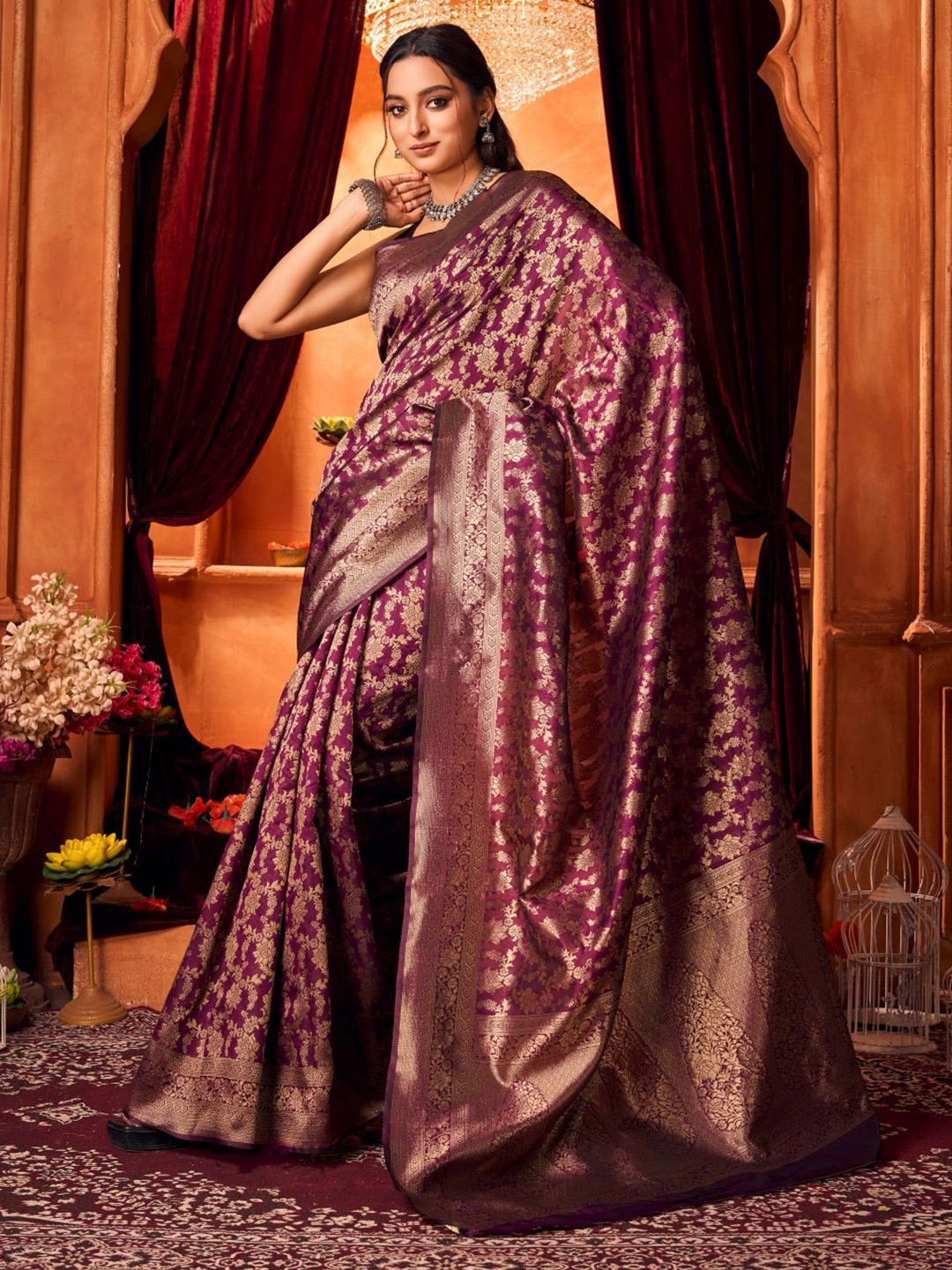 

KALINI Ethnic Motifs Zari Pure Silk Banarasi Saree, Purple