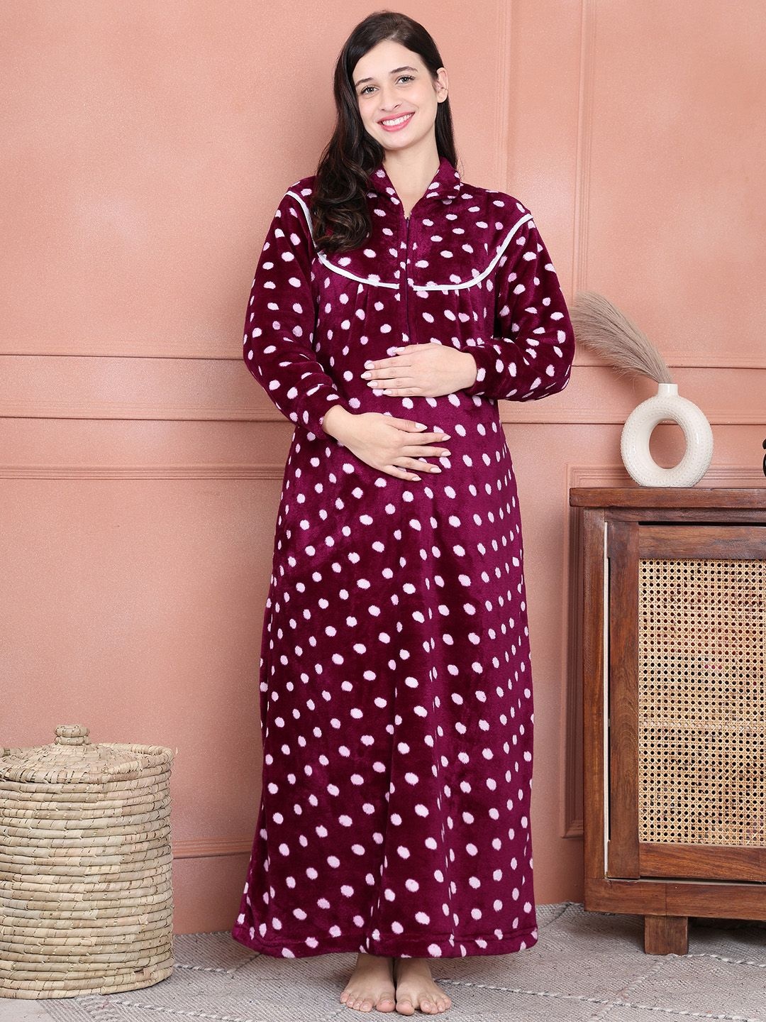 

Secret Wish Polka Dots Printed Mandarin Collar Woollen Maternity Maxi Nightdress, Purple