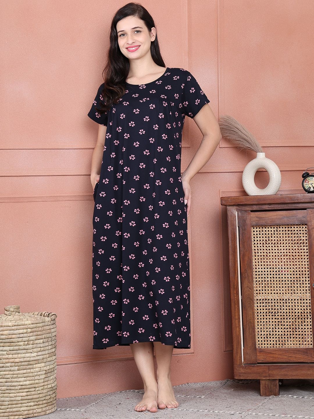 

Secret Wish Floral Printed Pure Cotton Midi Nightdress, Navy blue