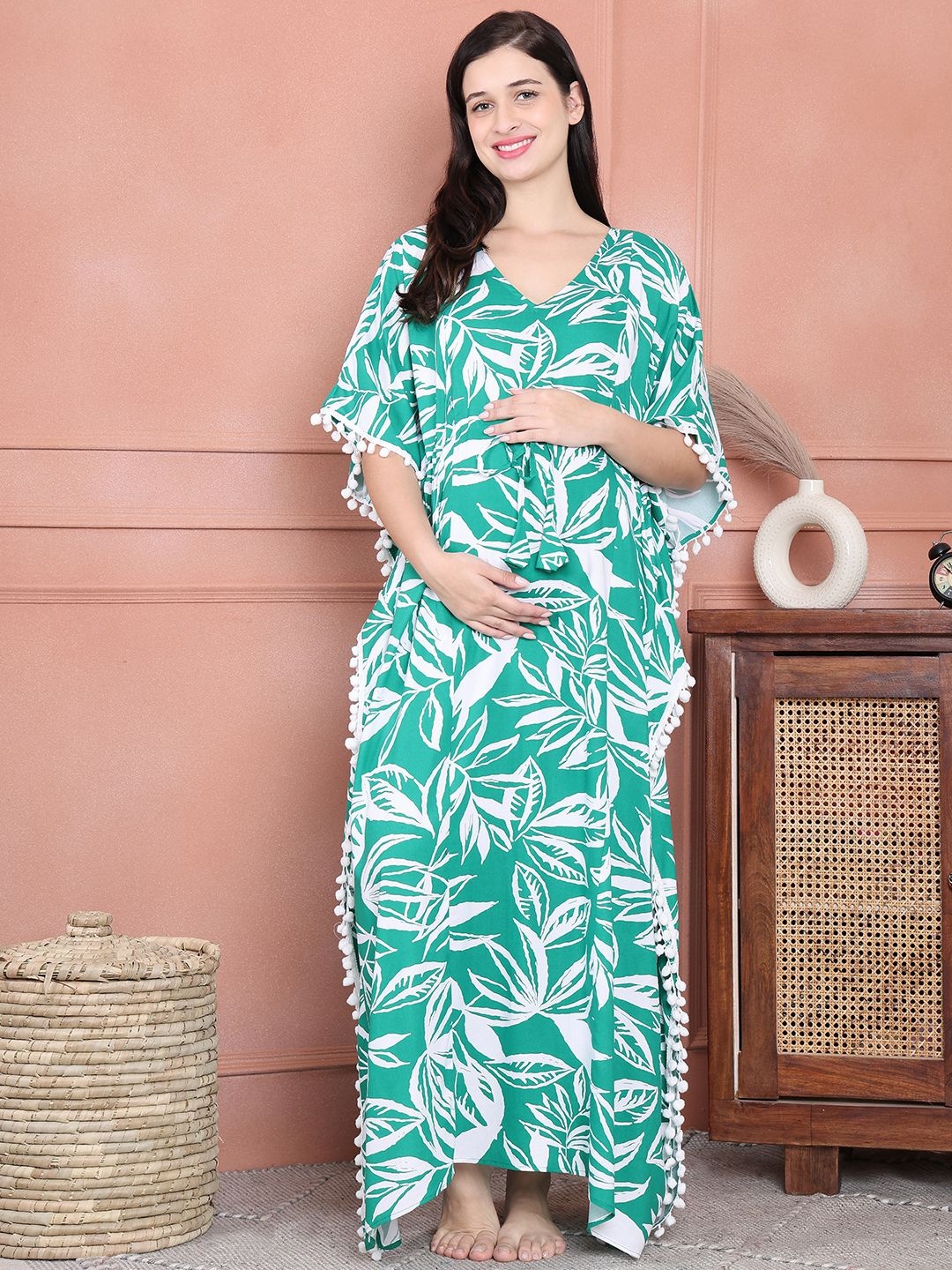 

Secret Wish Women Floral Printed V-Neck Maternity Maxi Kaftan Nightdress, Green