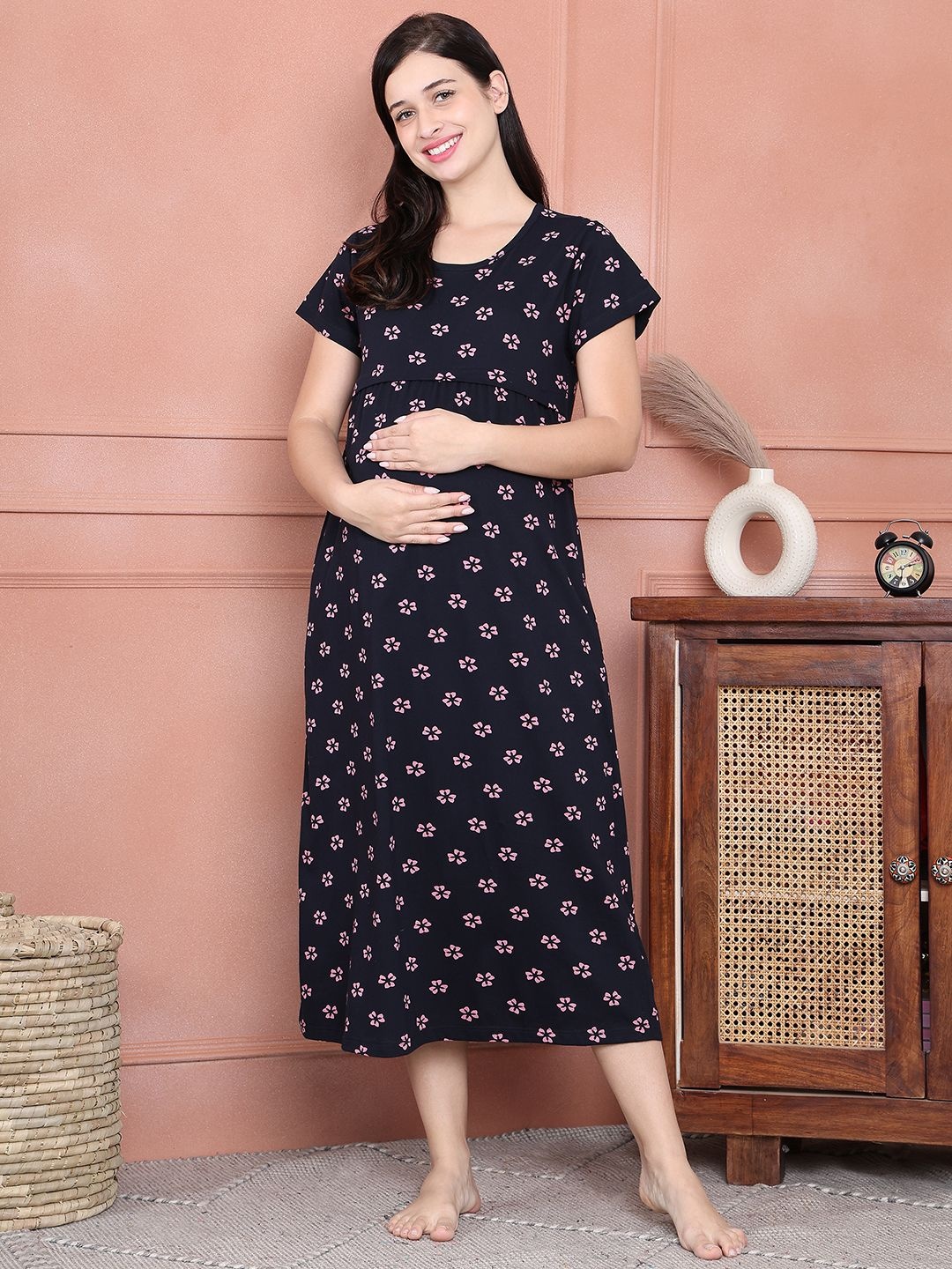 

Secret Wish WomenFloral Hosiery Printed Pure Cotton Maternity Midi Nightdress, Navy blue