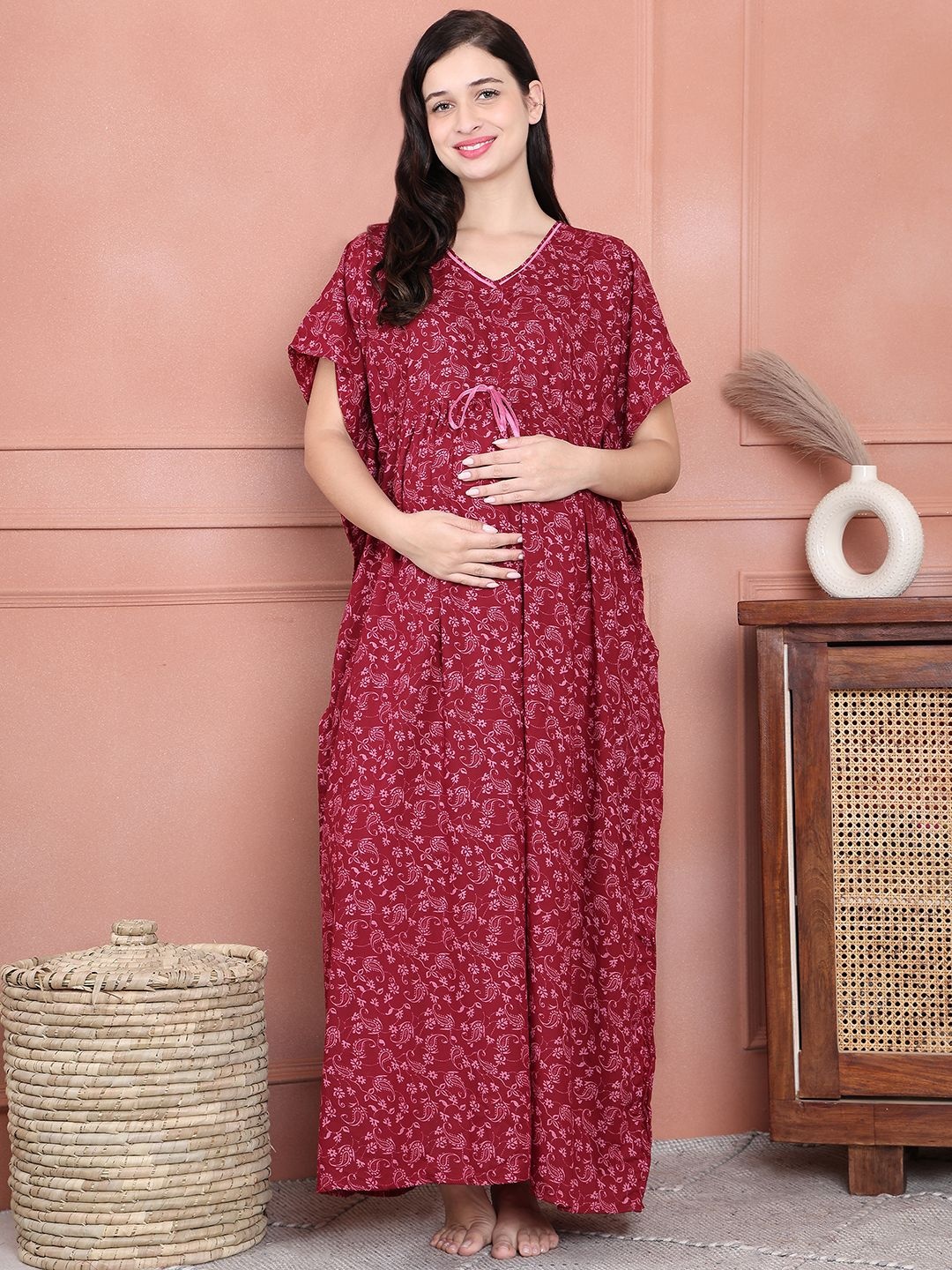 

Secret Wish Women Floral Printed V-Neck Maternity Maxi Kaftan Nightdress, Maroon