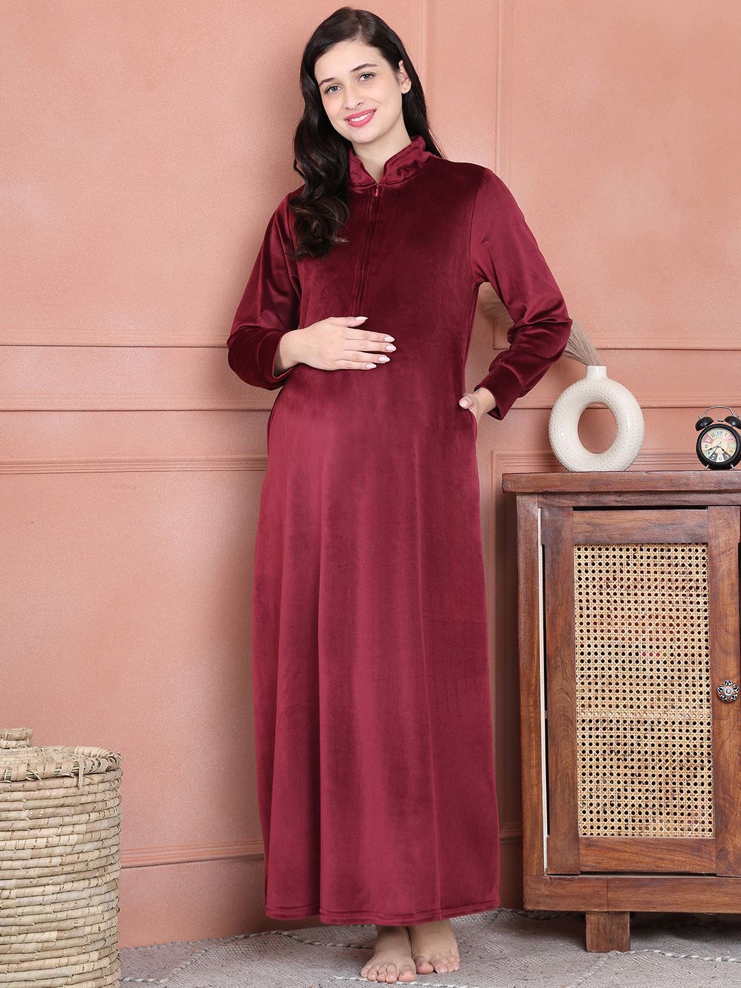 

Secret Wish Women Mandarin Collar Maternity Nightdress, Maroon