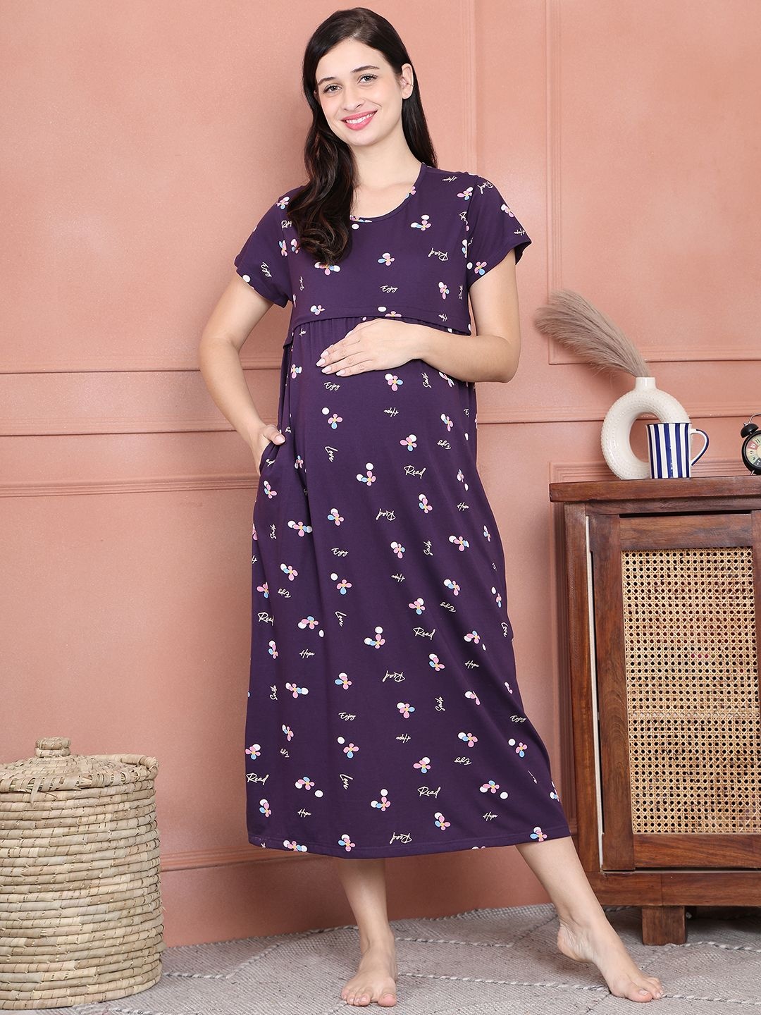 

Secret Wish Floral Hosiery Printed Pure Cotton Maternity Midi Nightdress, Purple