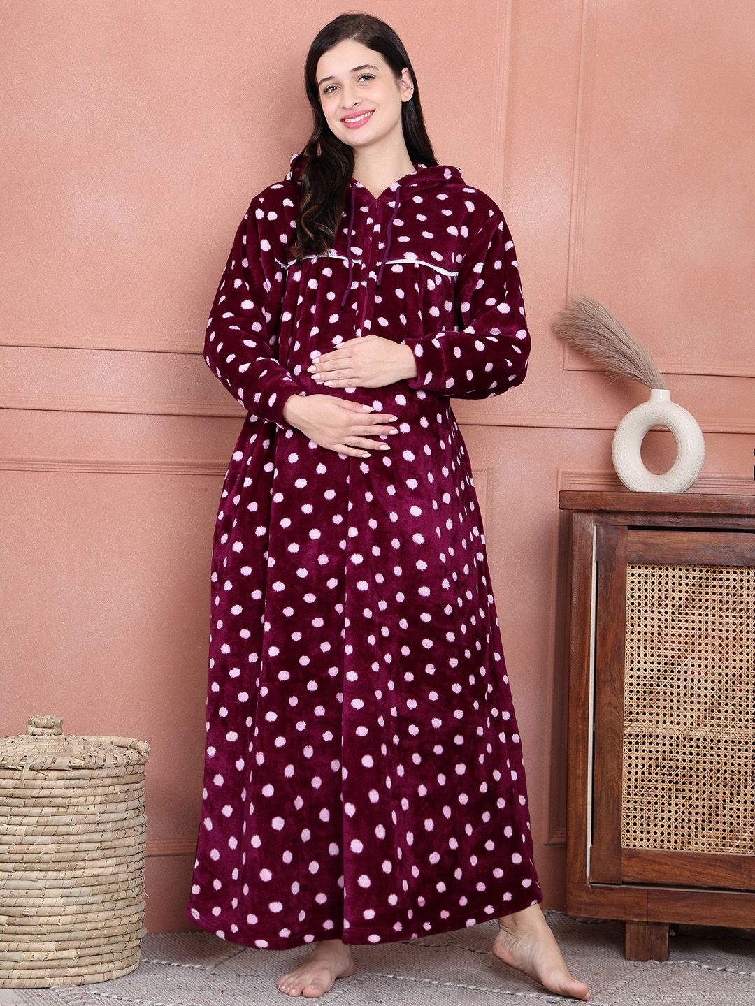 

Secret Wish Women Polka Dots Printed Hooded Woollen Maternity Maxi Nightdress, Burgundy