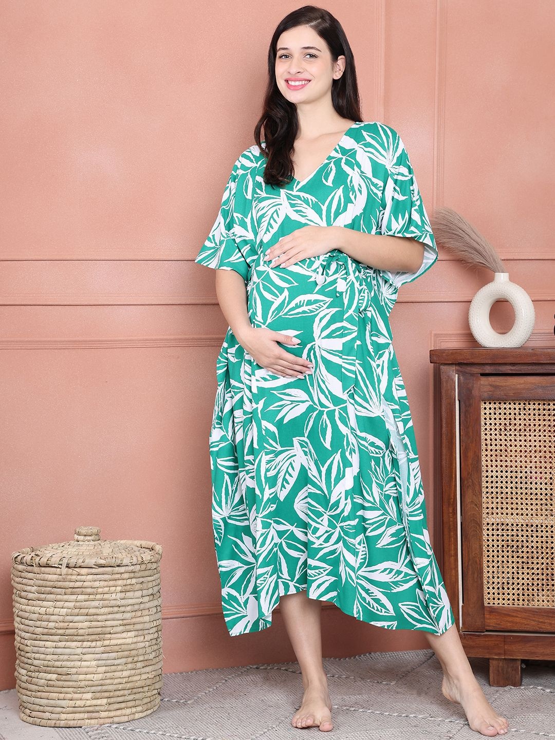 

Secret Wish Women Floral Printed V-Neck Maternity Kaftan Nightdress, Green