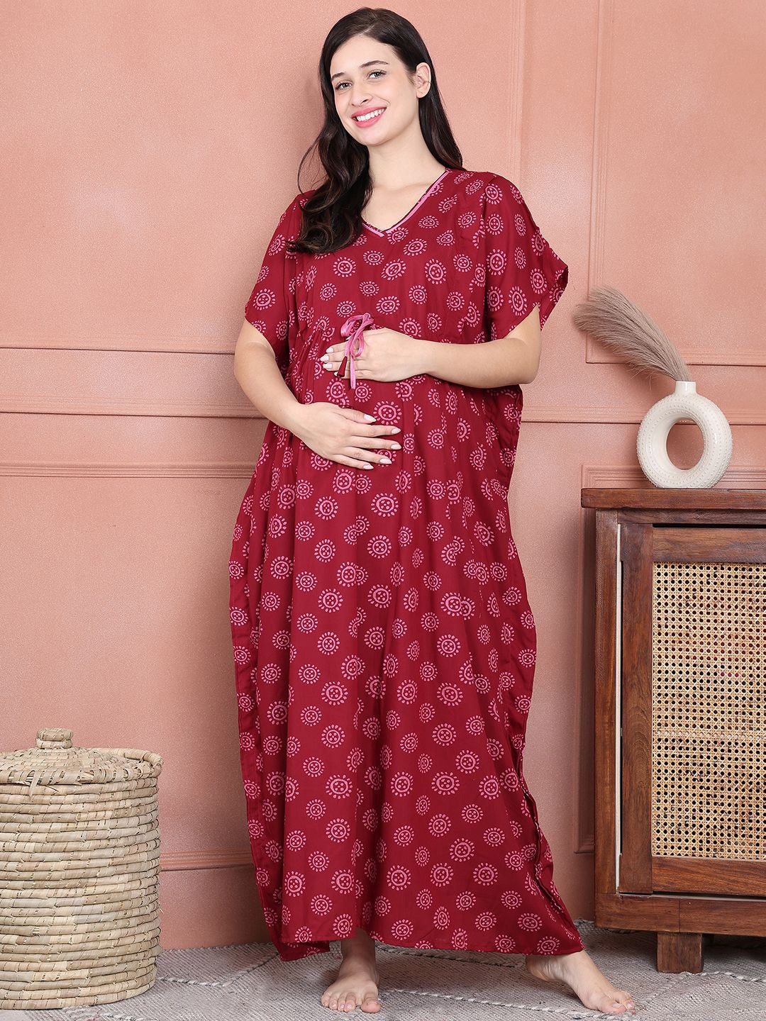 

Secret Wish Printed V-Neck Maternity Maxi Kaftan Nightdress, Maroon