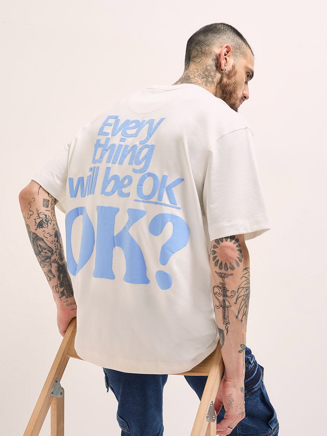 

THE BEAR HOUSE Men Typography Printed Round Neck Cotton Relaxed Fit T-shirt, White