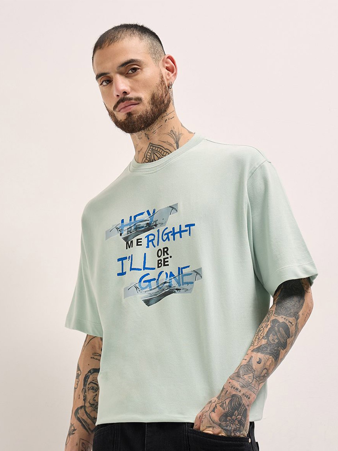 

THE BEAR HOUSE Men Typography Printed Round Neck Cotton Oversized T-shirt, Green