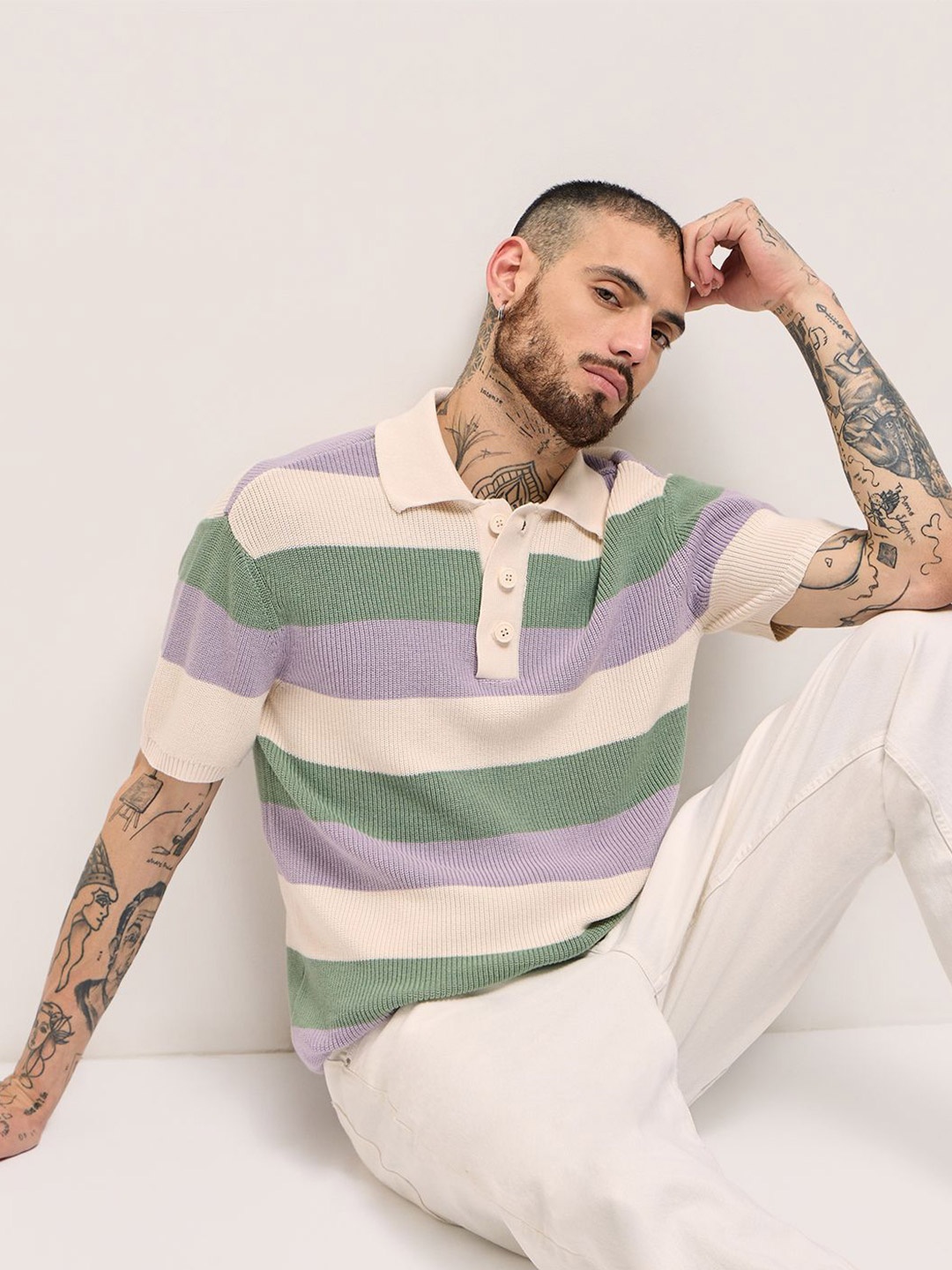 

THE BEAR HOUSE Men Striped Polo Collar Cotton T-shirt, Lavender