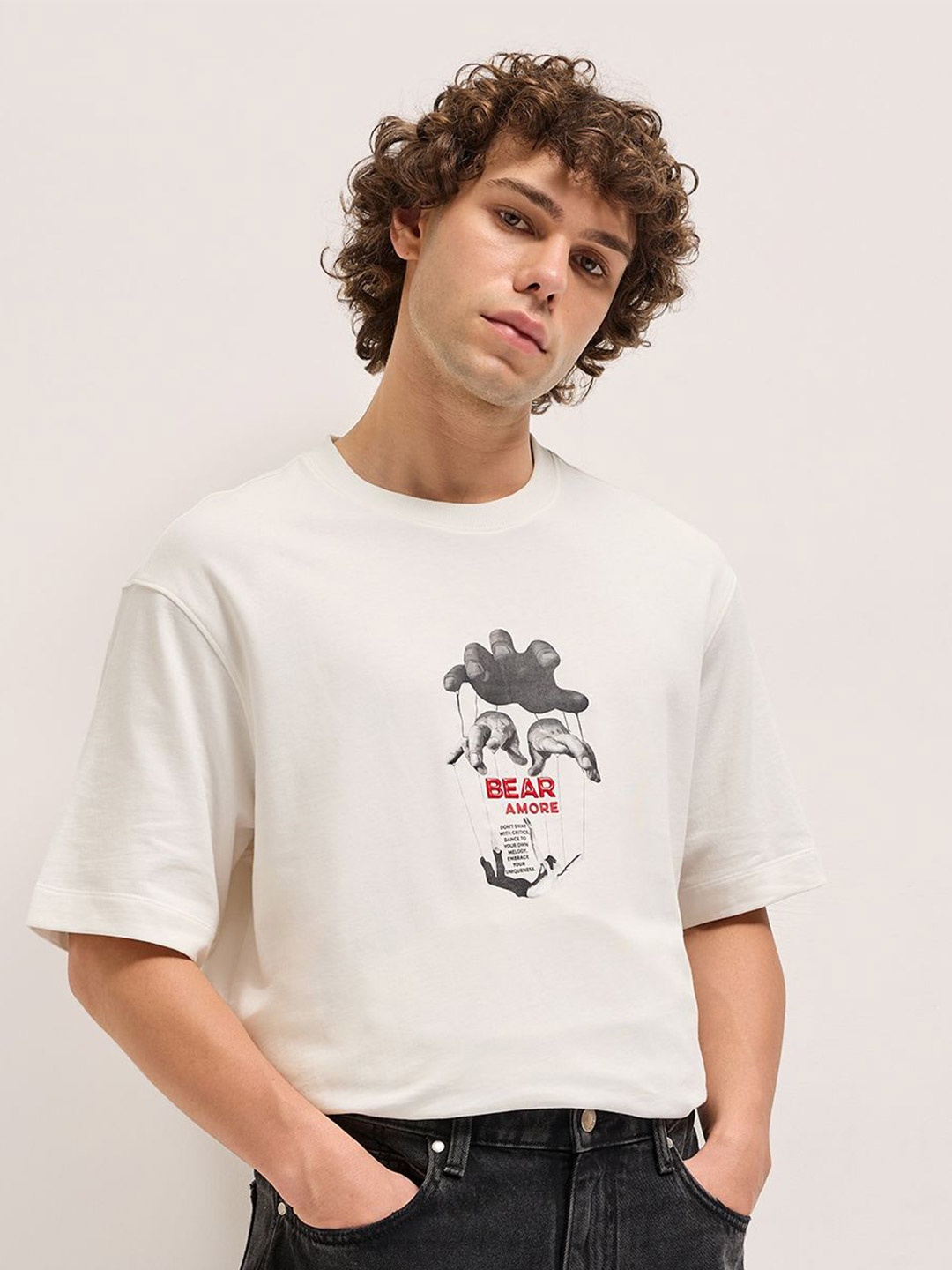 

THE BEAR HOUSE Men Graphic Printed Round Neck Cotton Relaxed Fit T-shirt, Cream