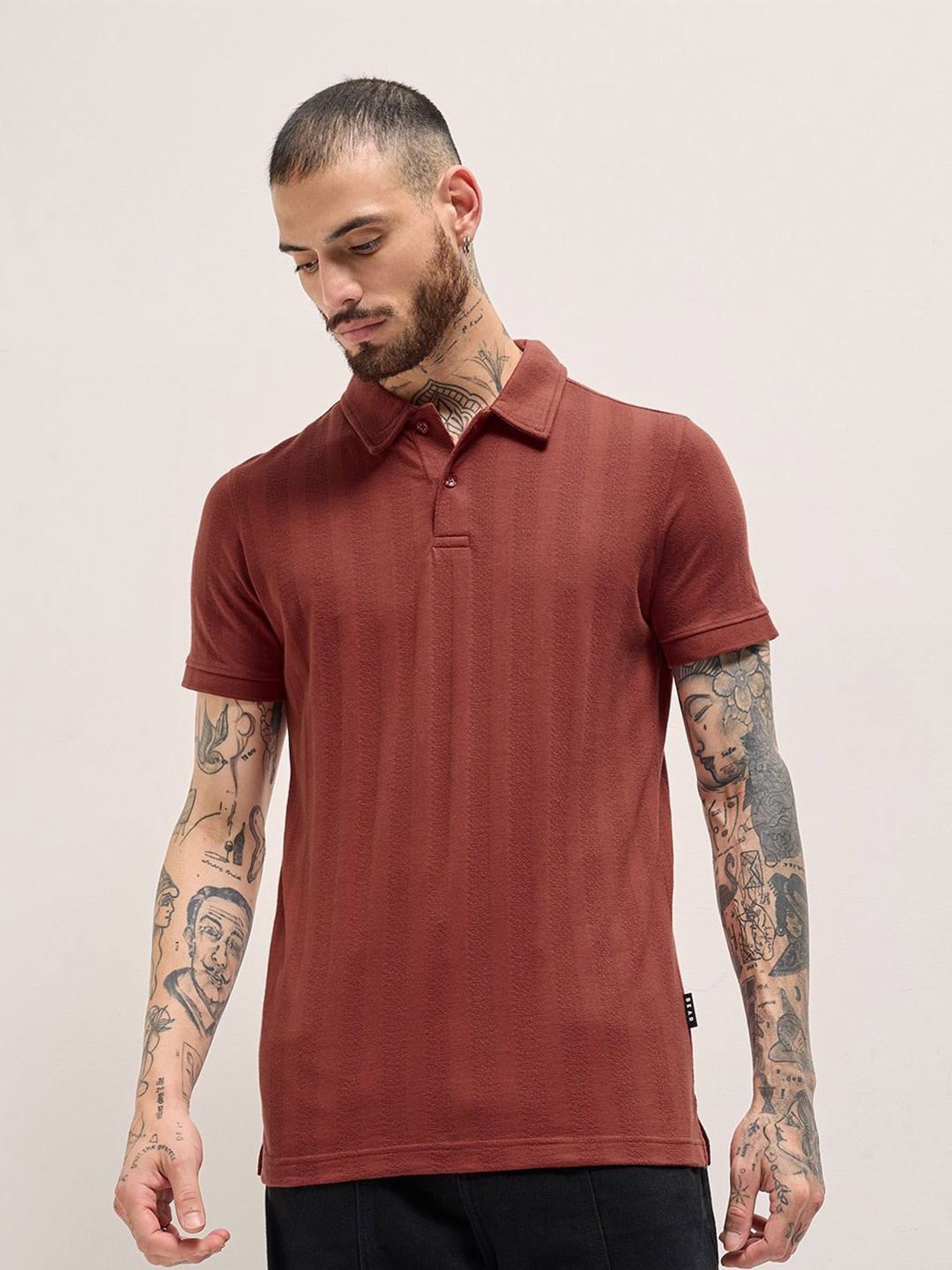 

THE BEAR HOUSE Men Self Design Polo Collar Cotton T-shirt, Rust