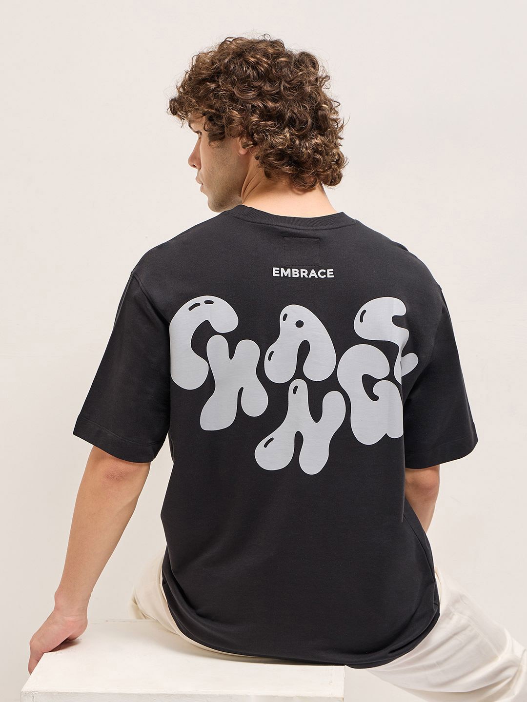 

THE BEAR HOUSE Men Typography Printed Round Neck Cotton Relaxed Fit T-shirt, Black