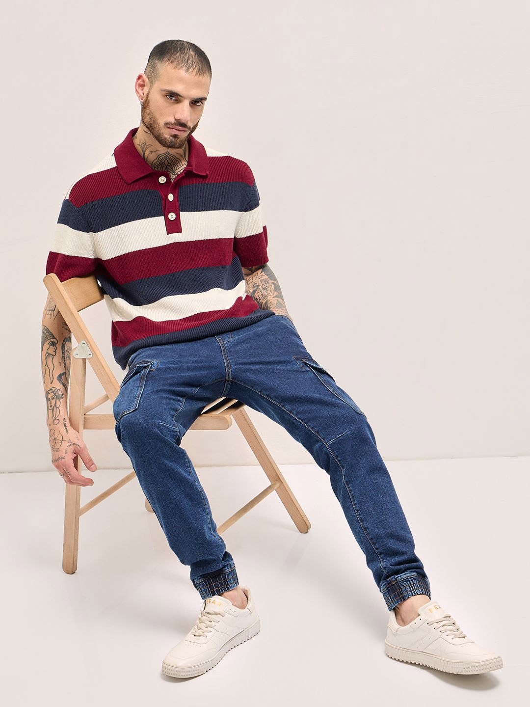 

THE BEAR HOUSE Men Striped Polo Collar Cotton T-shirt, Maroon