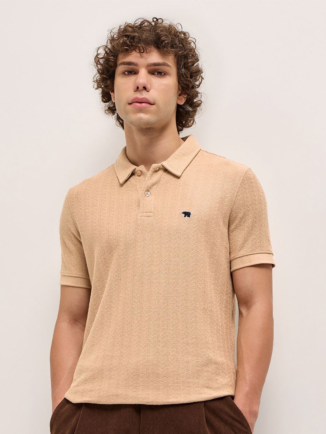 

THE BEAR HOUSE Men Self Design Polo Collar Cotton T-shirt, Beige