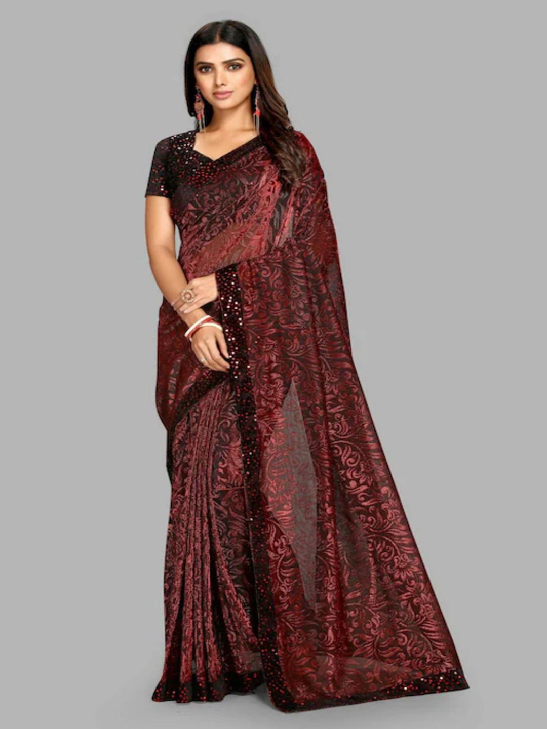 

VRAGI Floral Sequinned Maheshwari Saree, Maroon
