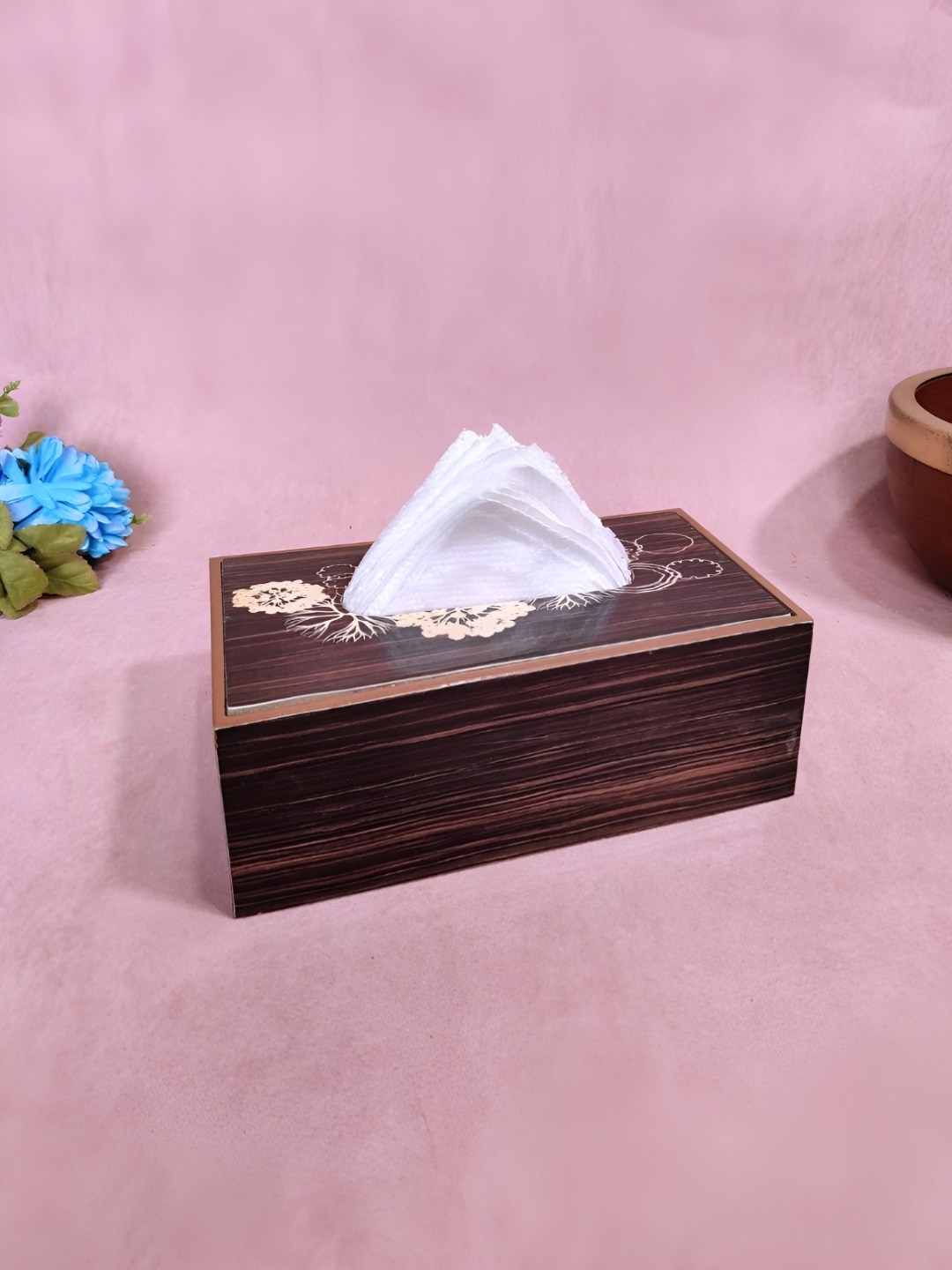 

THE HOME CO. Brown Floral Printed Rectangle Shaped Wooden Tissue Holder