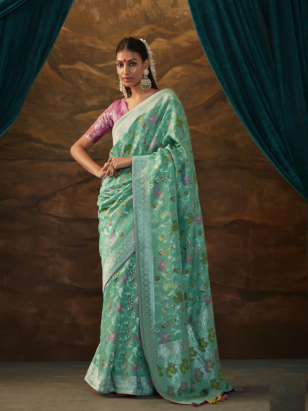 

MAHALASA Woven Design Pure Silk Paithani Saree, Sea green