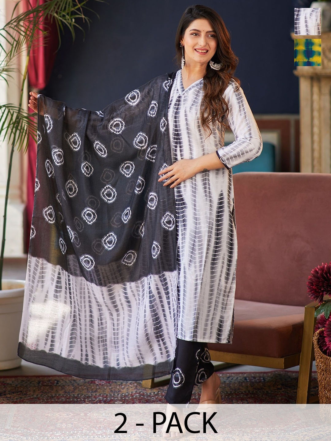 

KALINI Dyed Pack Of 2 V-Neck Straight Kurta with Trousers & With Dupatta, Black