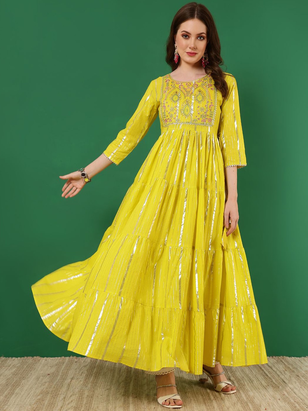 

GLAM ROOTS Floral Embroidered Sequinned Tiering Cotton Anarkali Kurta, Yellow