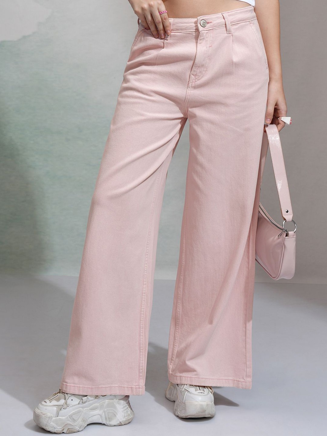 

Tokyo Talkies Women Denim Pant With Singal Pleat Straight Leg Loose Fit, Pink