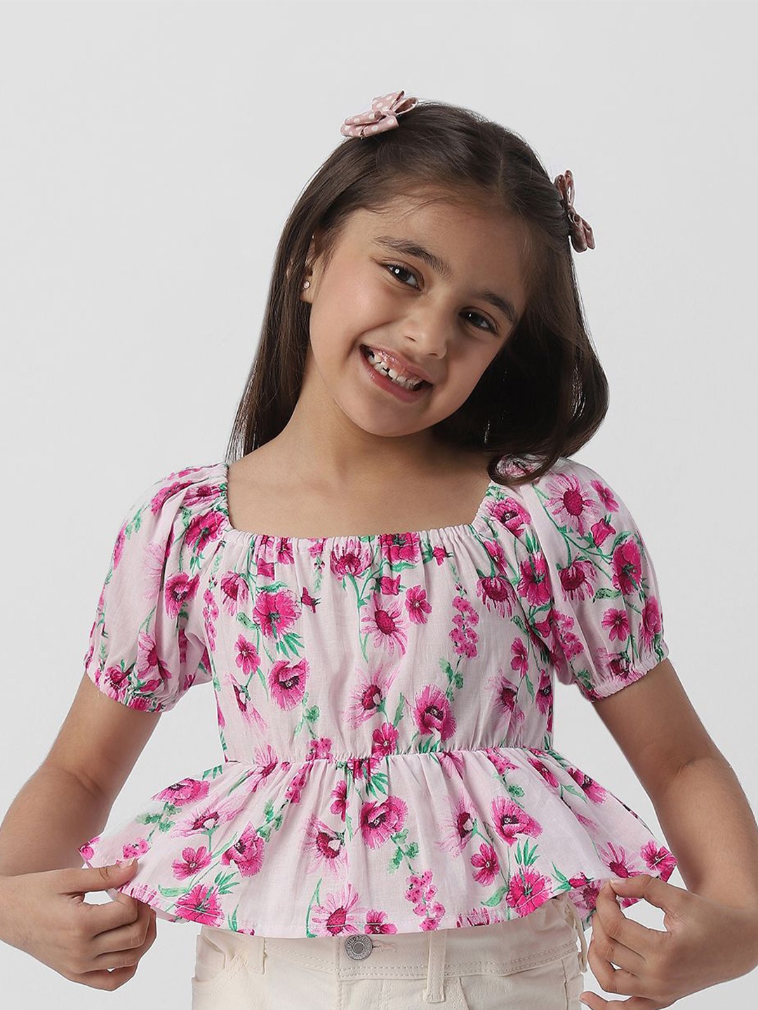 

Nauti Nati Girls Floral Print Puff Sleeve Cinched Waist Top, Pink