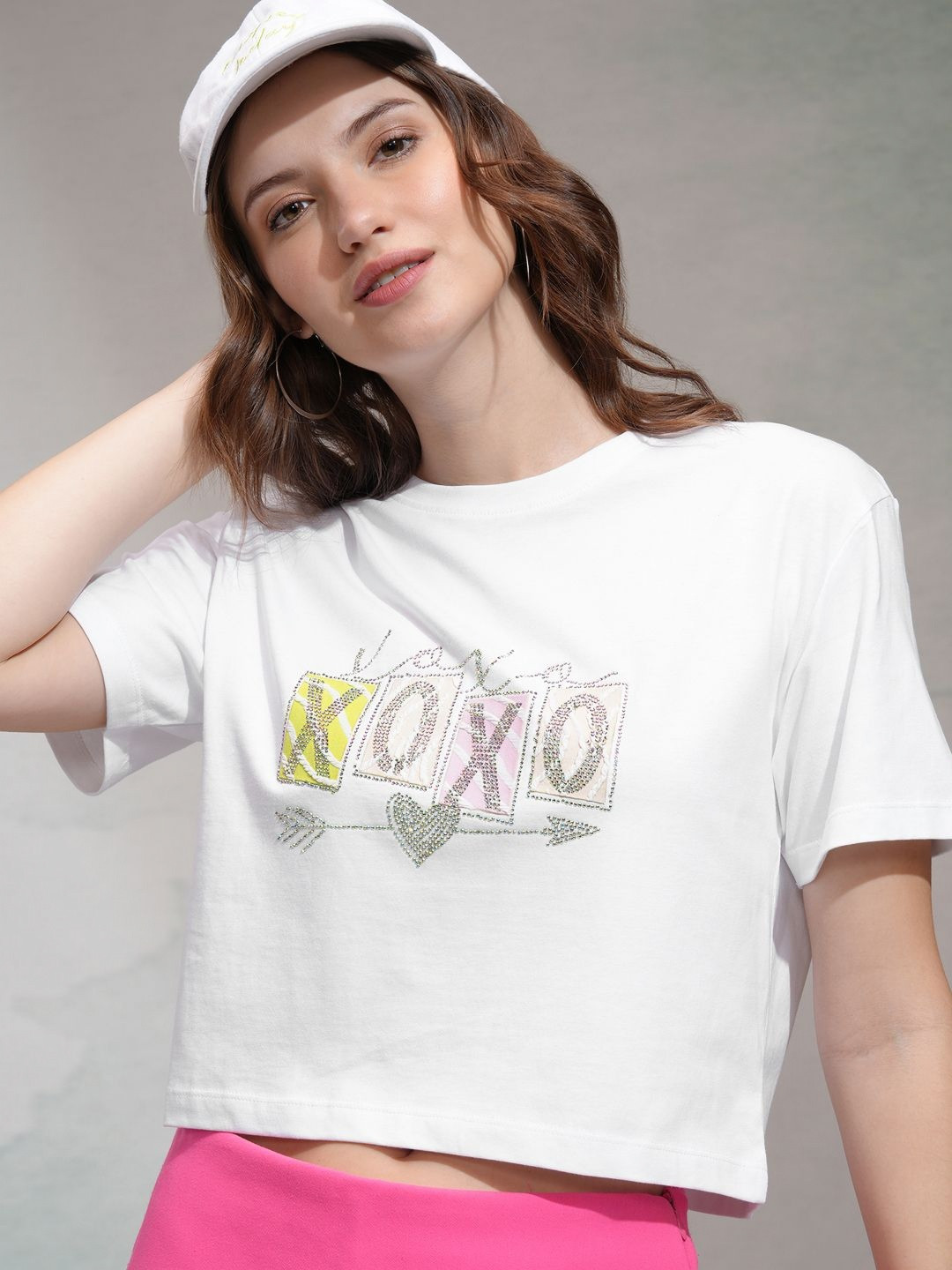 

Tokyo Talkies Women Embellished Crop Regular Fit T-Shirt, White