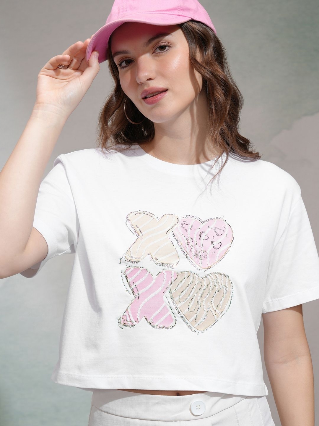Tokyo Talkies Women Embellished Crop Regular Fit T-shirt, White
